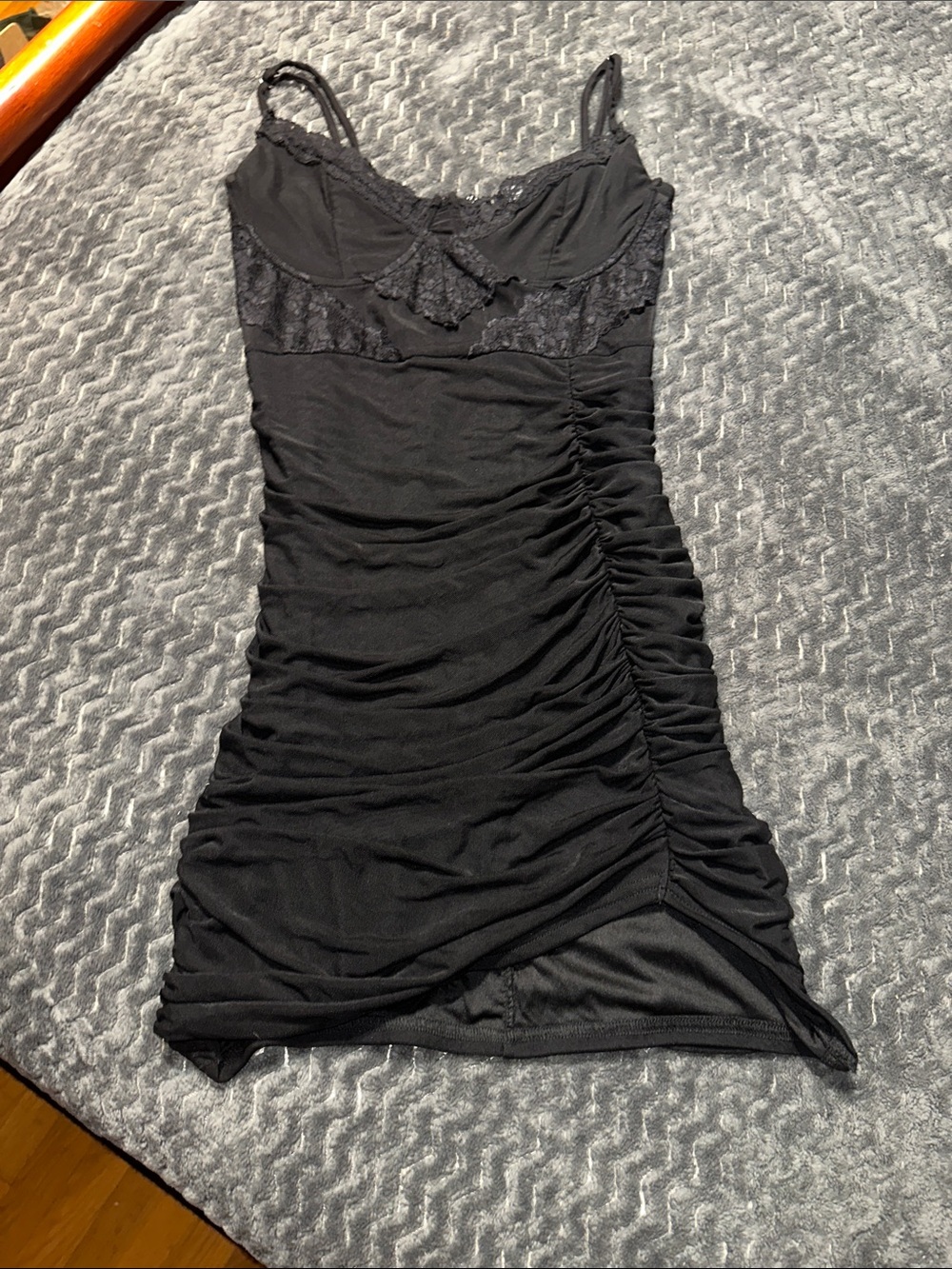 Fashion Nova Black Lace-Trim Ruched Slip Dress